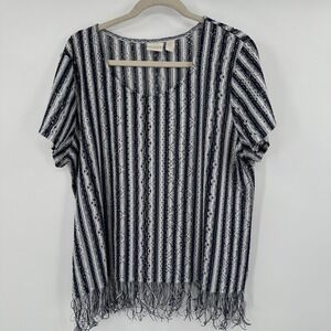 Chicos Striped‎ Open Knit Fringe Top Women Size XL Navy White Casual